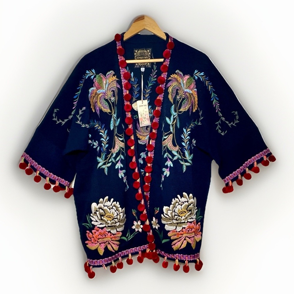 Johnny Was Biya Jurrah Short Kimono Embroidered Pom Pom Cardigan Navy PL NEW